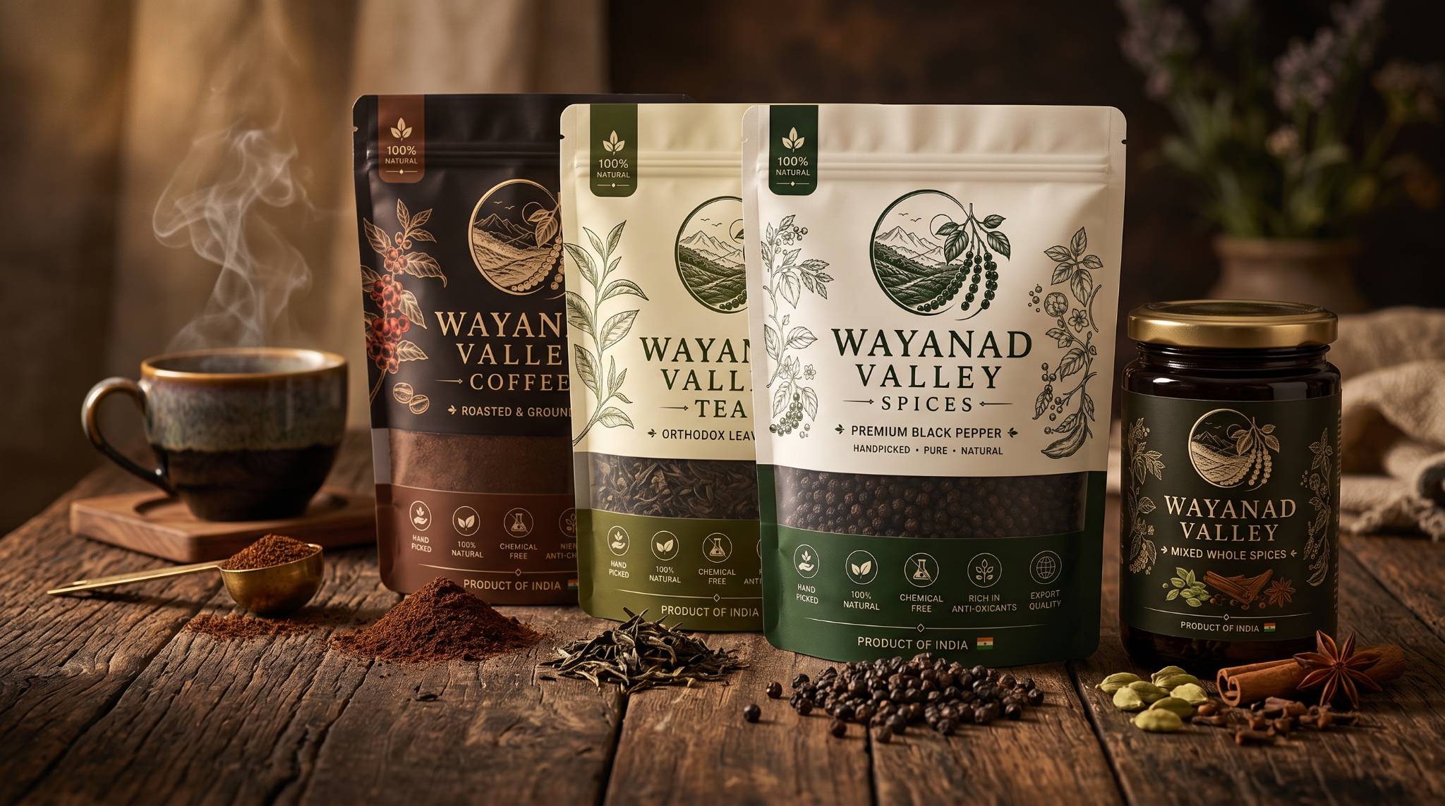 Wayanad Valley coffee, tea, black pepper and spices